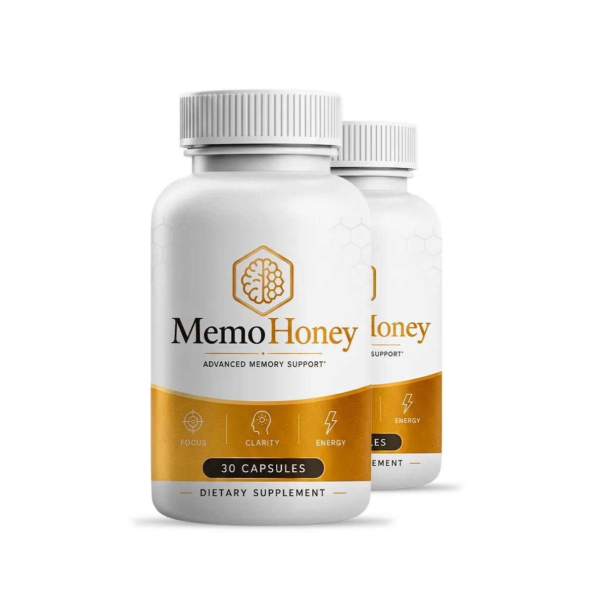 Two bottles of MemoHoney advanced memory support capsules