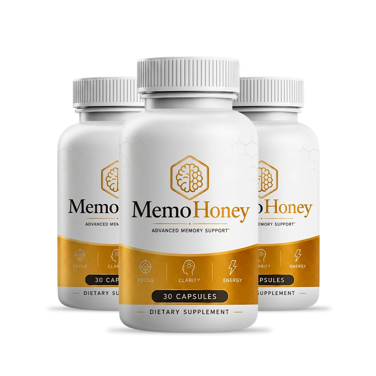The MemoHoney three bottle package of advanced memory support capsules